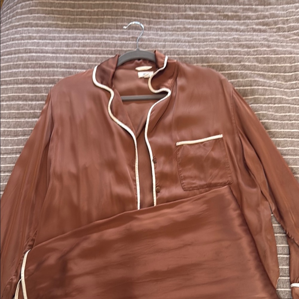 Brown Satin Pajama Set with White Trim